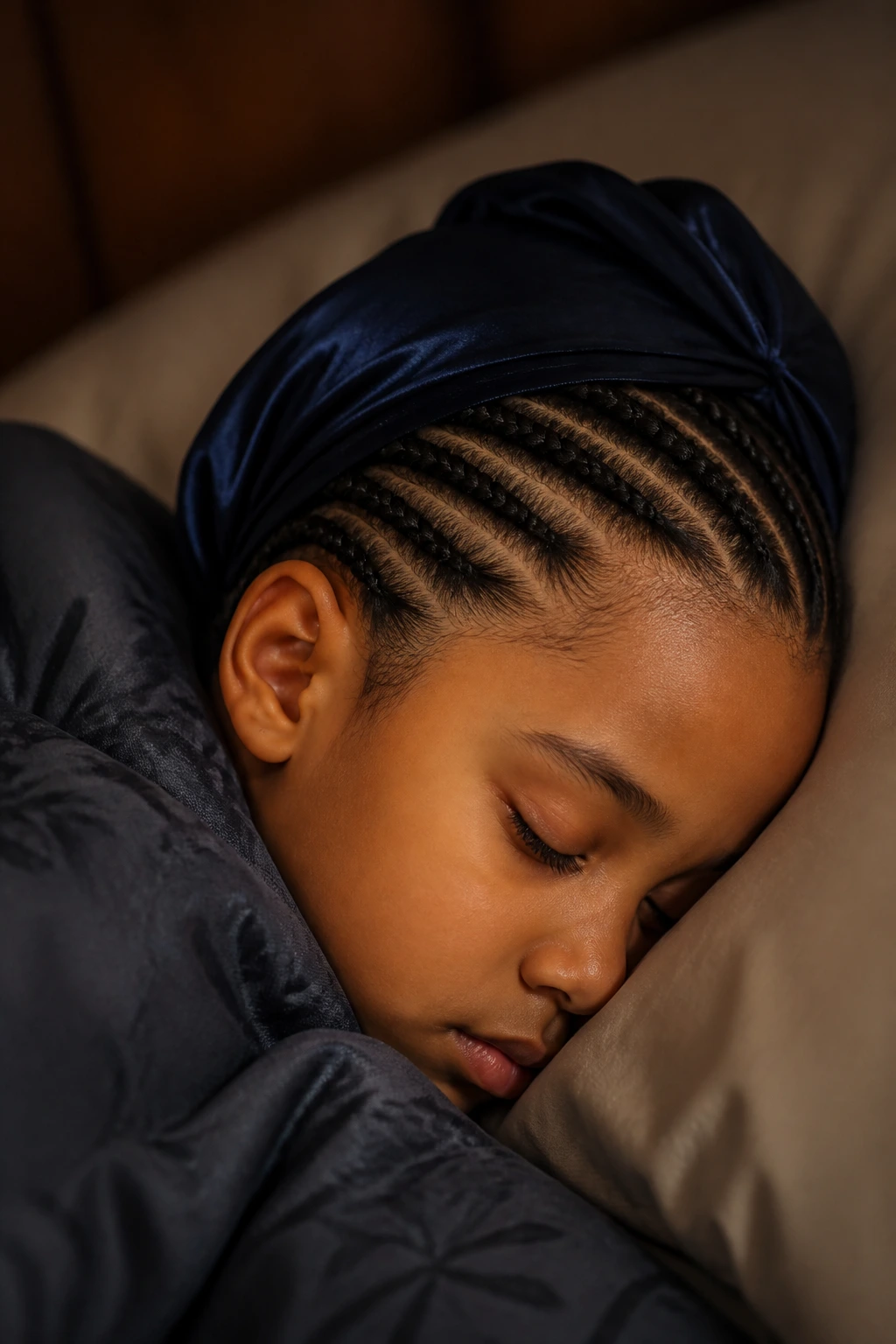 Child's head wrapped in satin scarf at night