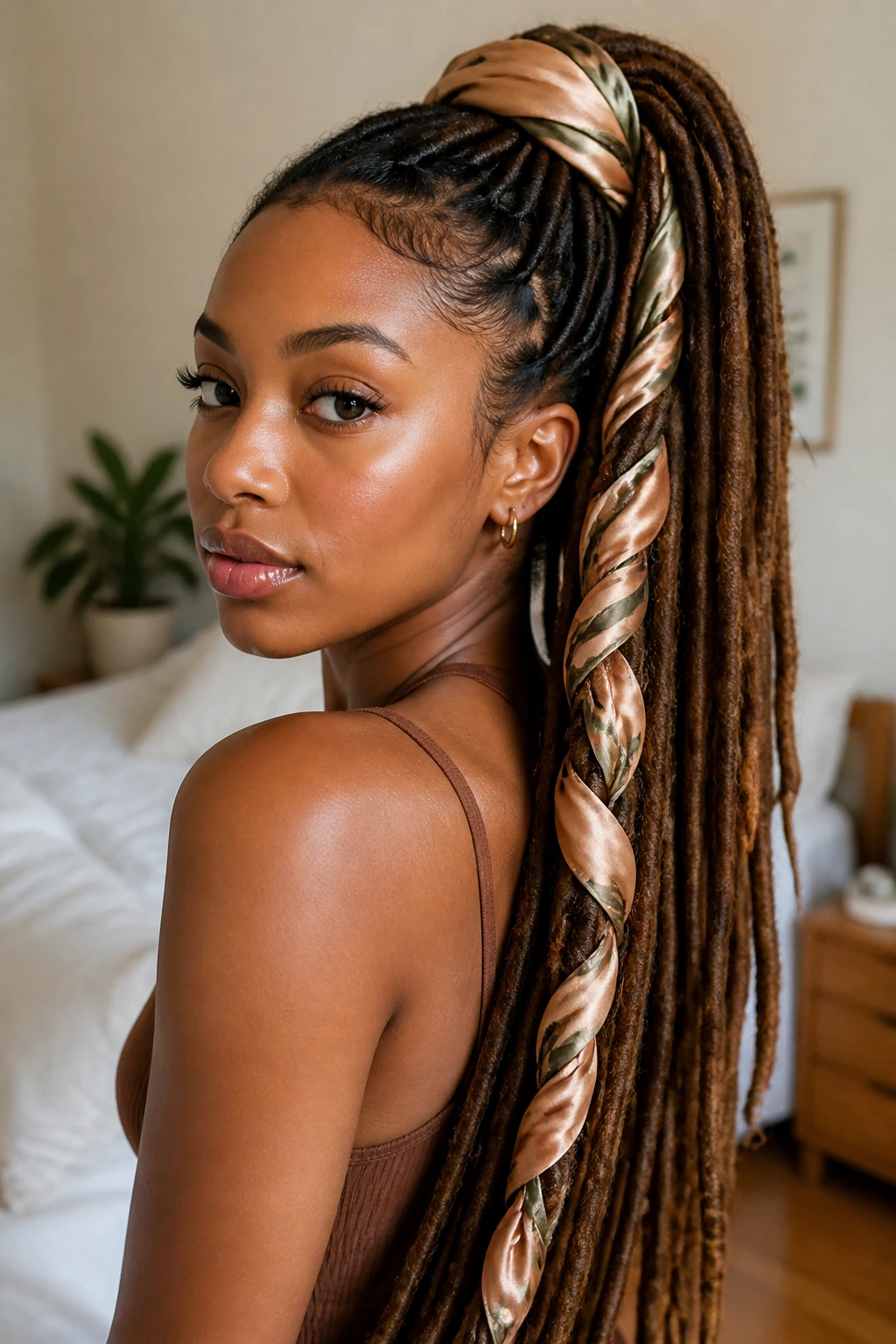 Close-up of a woman with a satin scarf wrapped around a ponytail