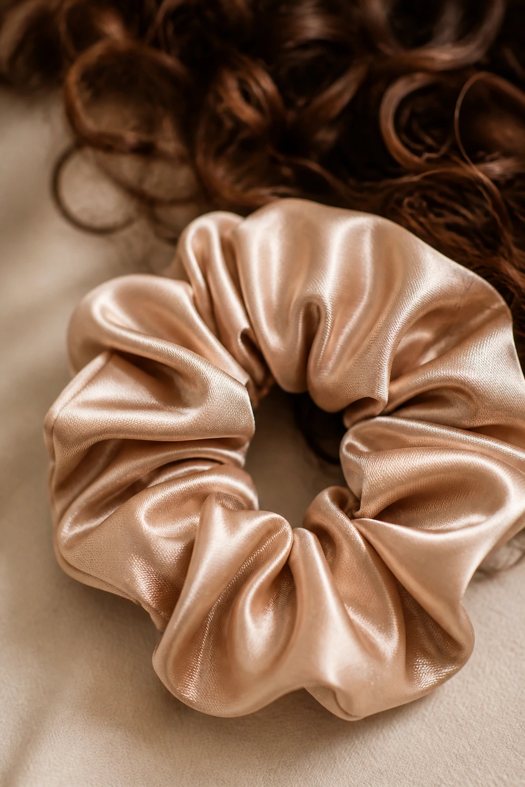 Close-up of a satin scrunchie resting on a soft fabric surface