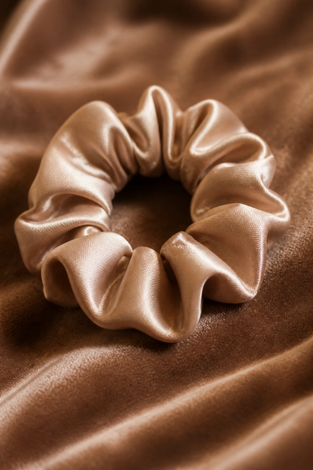 Close-up of a satin scrunchie on soft fabric