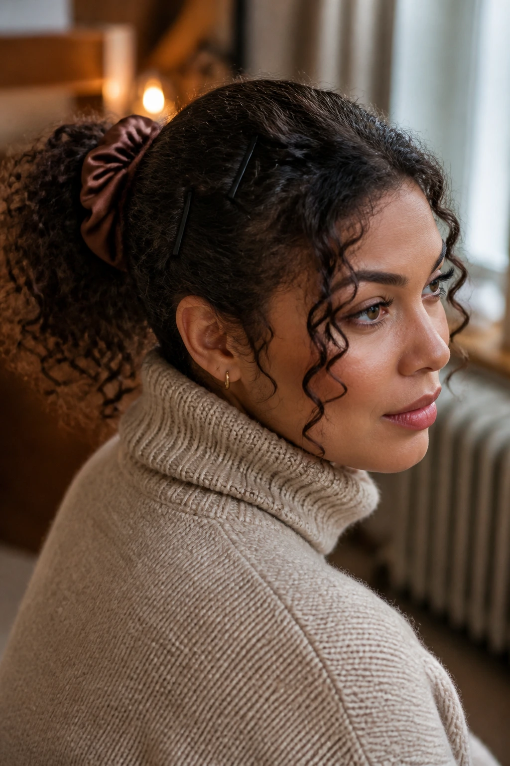 Portrait showing satin scrunchie and matte pins in winter hair