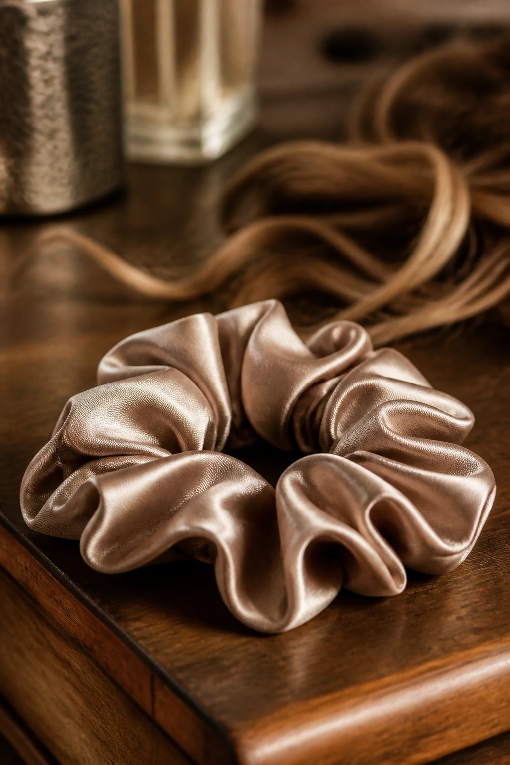 Satin scrunchie on a wooden vanity, hair texture blurred in background