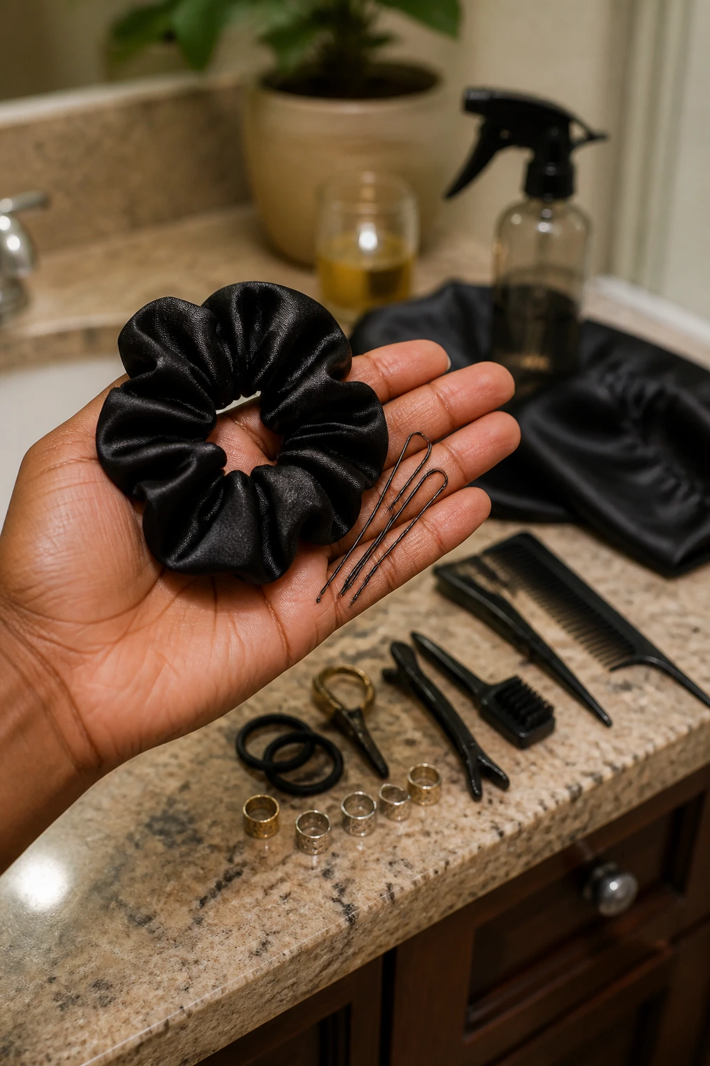 Close-up of hair tools (satin scrunchie and U-pins) in a hand for locs styling
