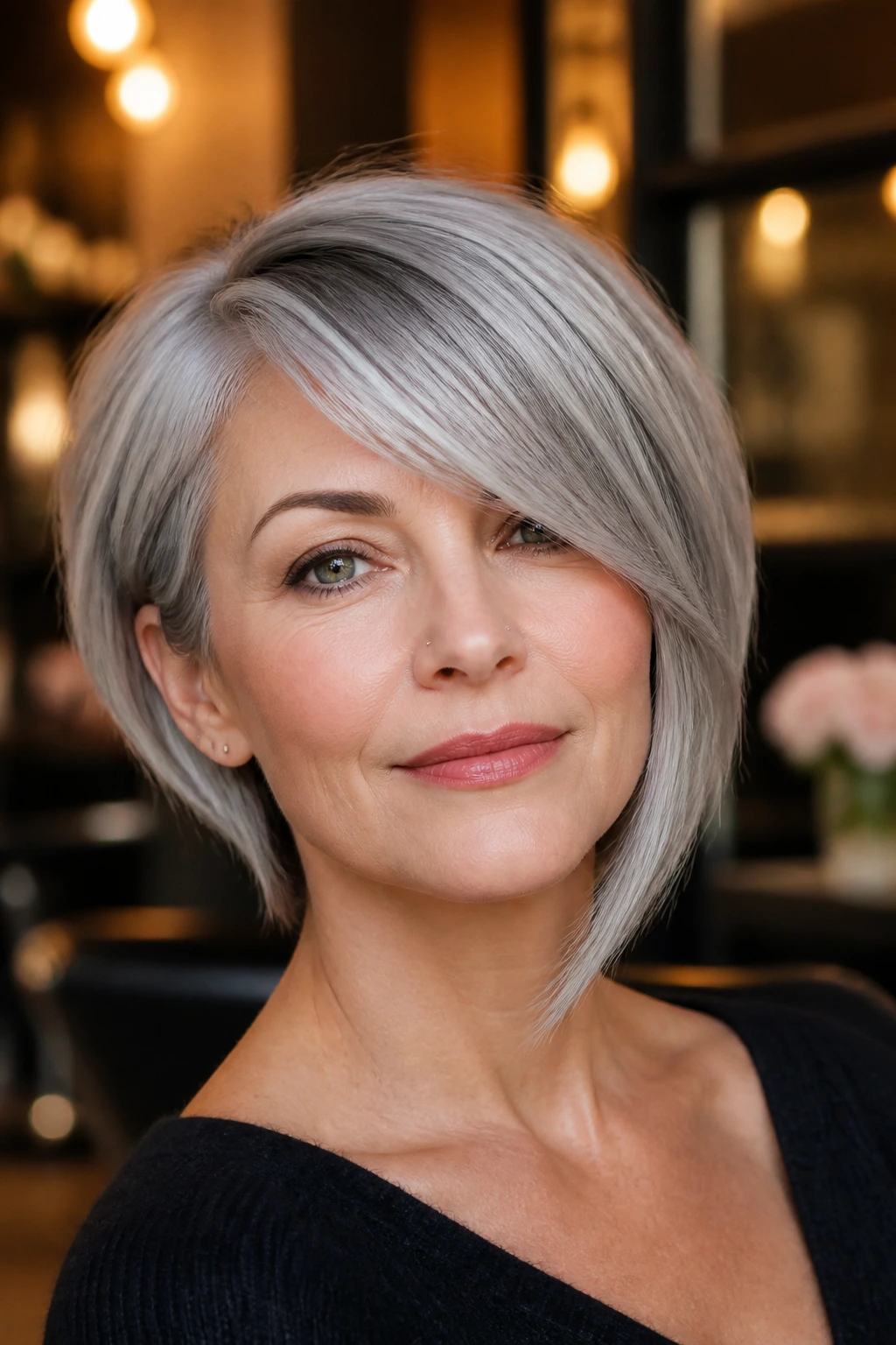 Close-up of a real woman with a satin silver asymmetric bob