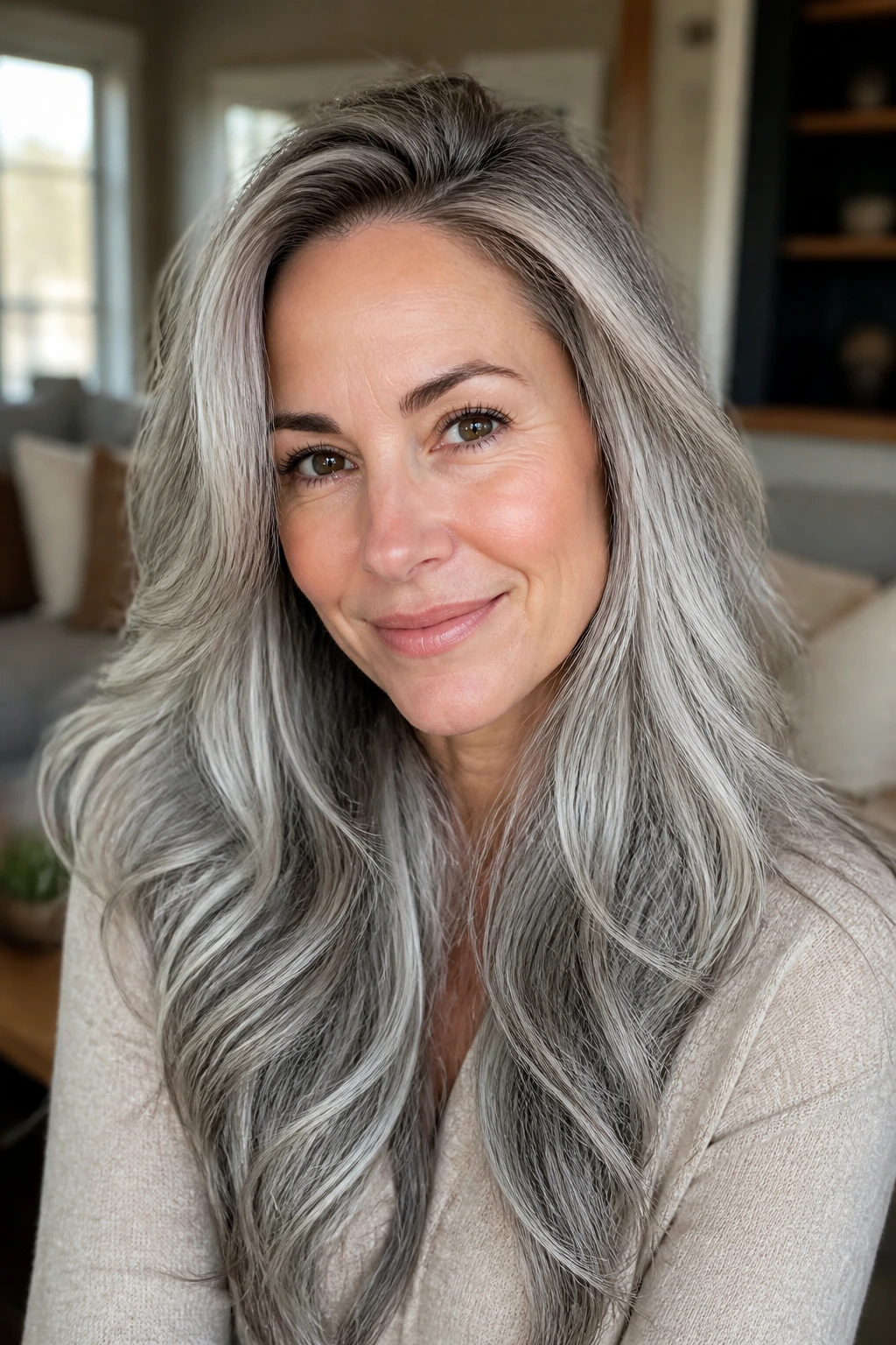 Portrait of woman with chestnut-root satin silver hair