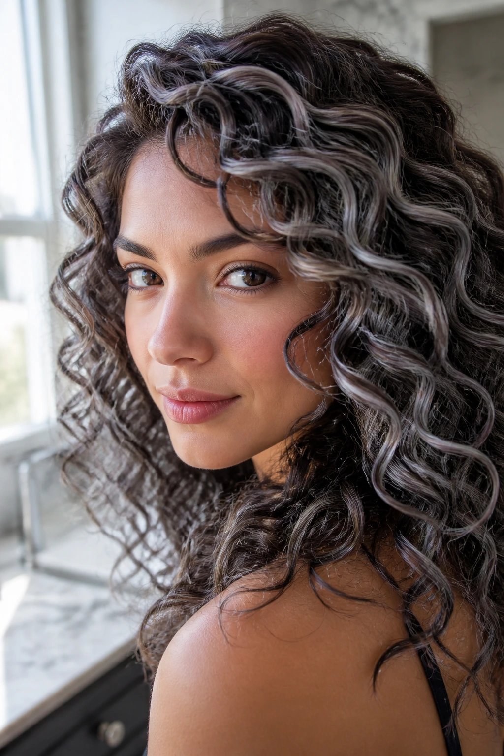 Brunette curls with satin silver gloss in a bright bathroom