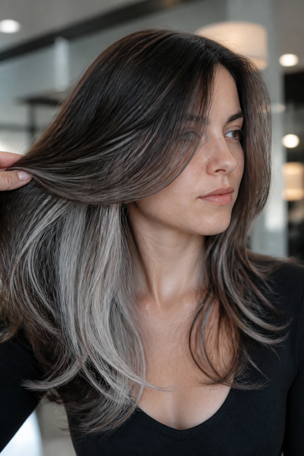 Close-up portrait with satin silver peekaboo underlayer