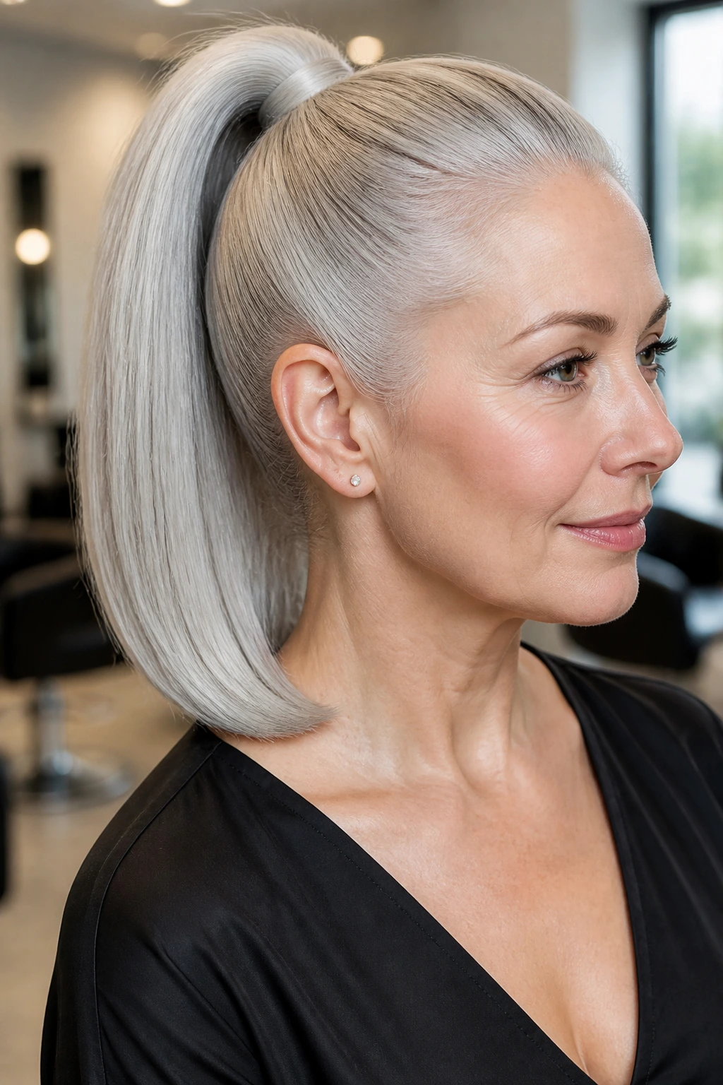 Close-up portrait of a woman with a satin-silver ponytail and polished ends.
