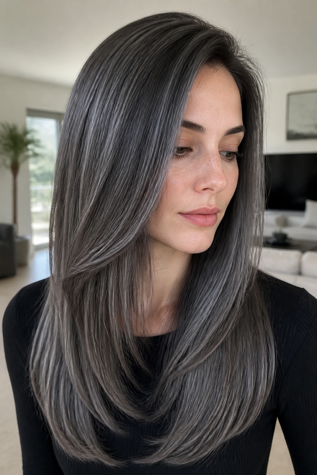 Portrait of a person with long satin steel lengths and steel-grey highlights.