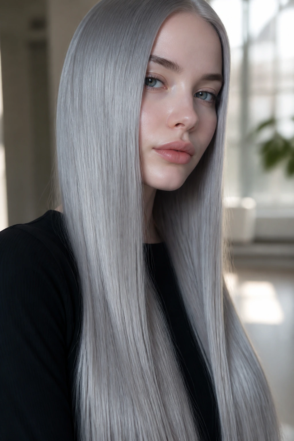Close-up of a real person with long satin steel straight hair