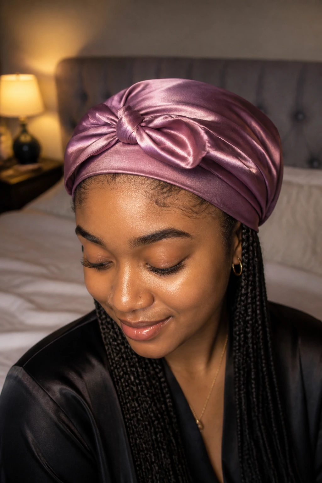 Close-up of a satin-wrapped head with single braids visible underneath