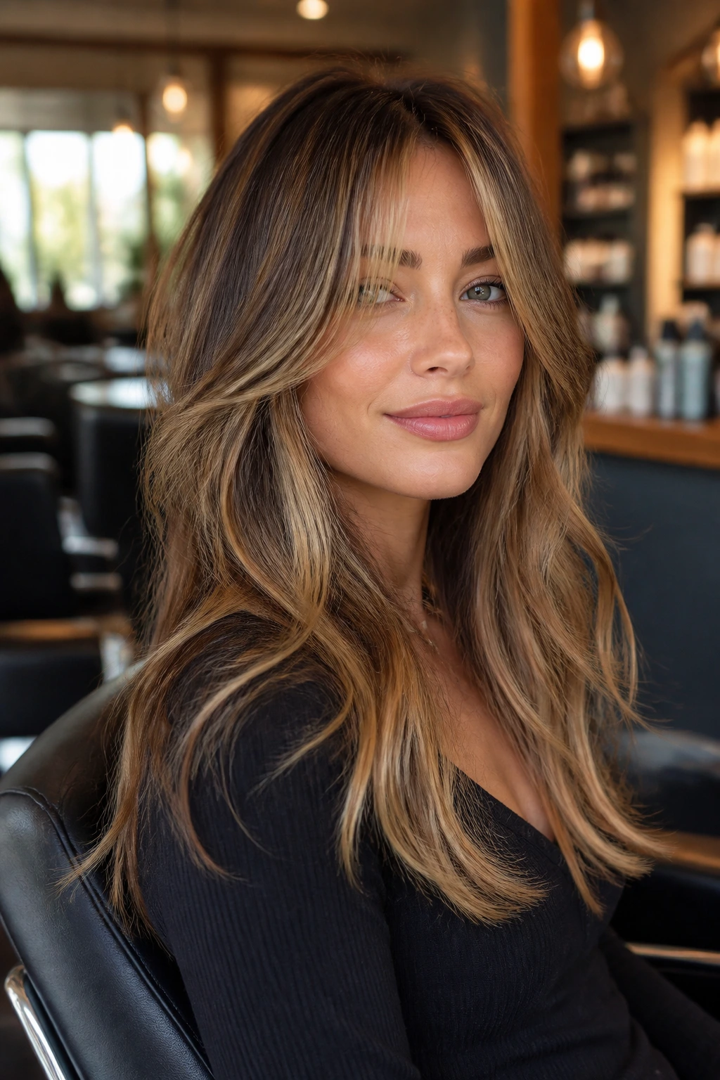 Close-up of a real person with long bangs and money-piece highlights in a salon setting.
