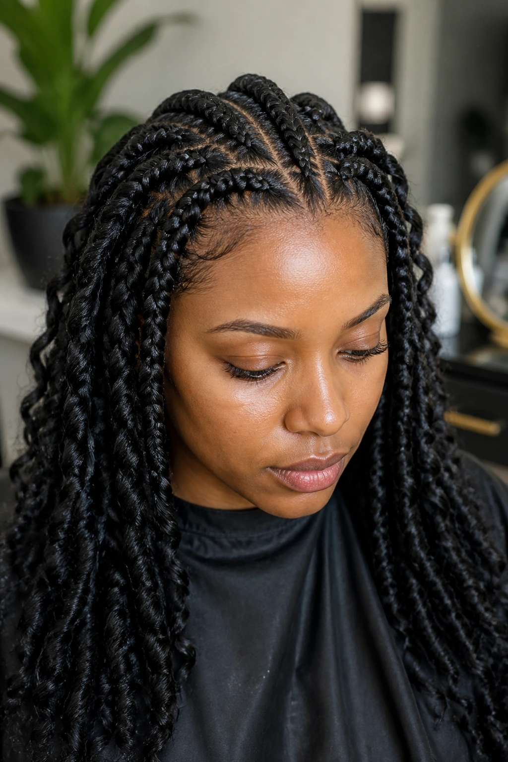 Front view of scalp-friendly chunky weave on real person