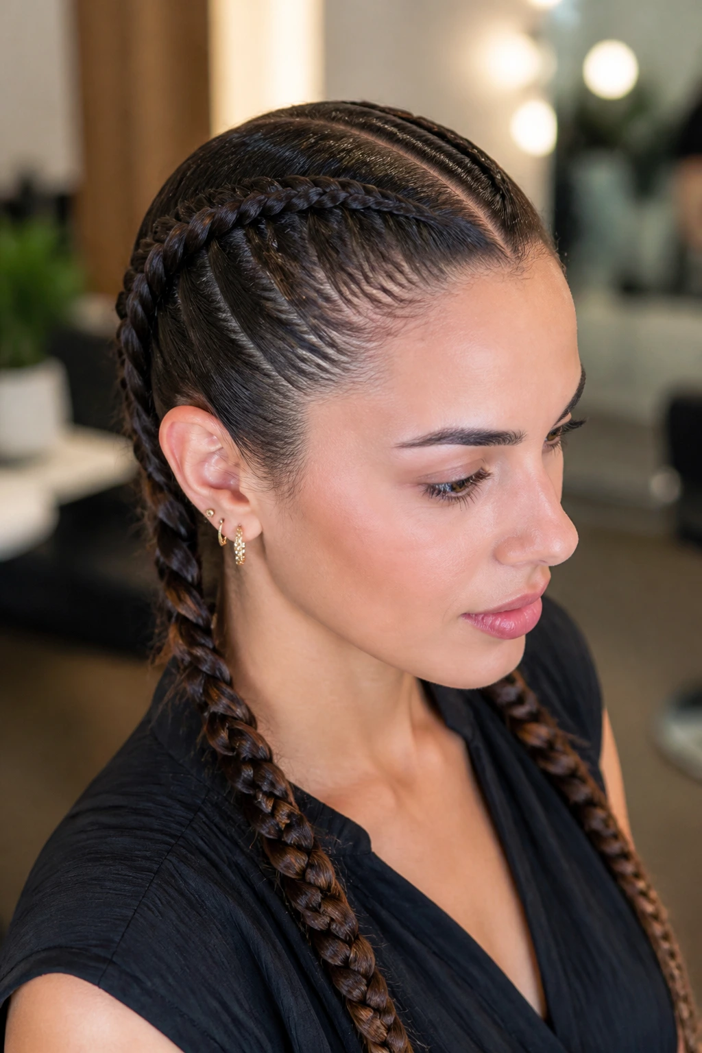 Close-up of scalp-hugging twin braids on a real person in a salon.