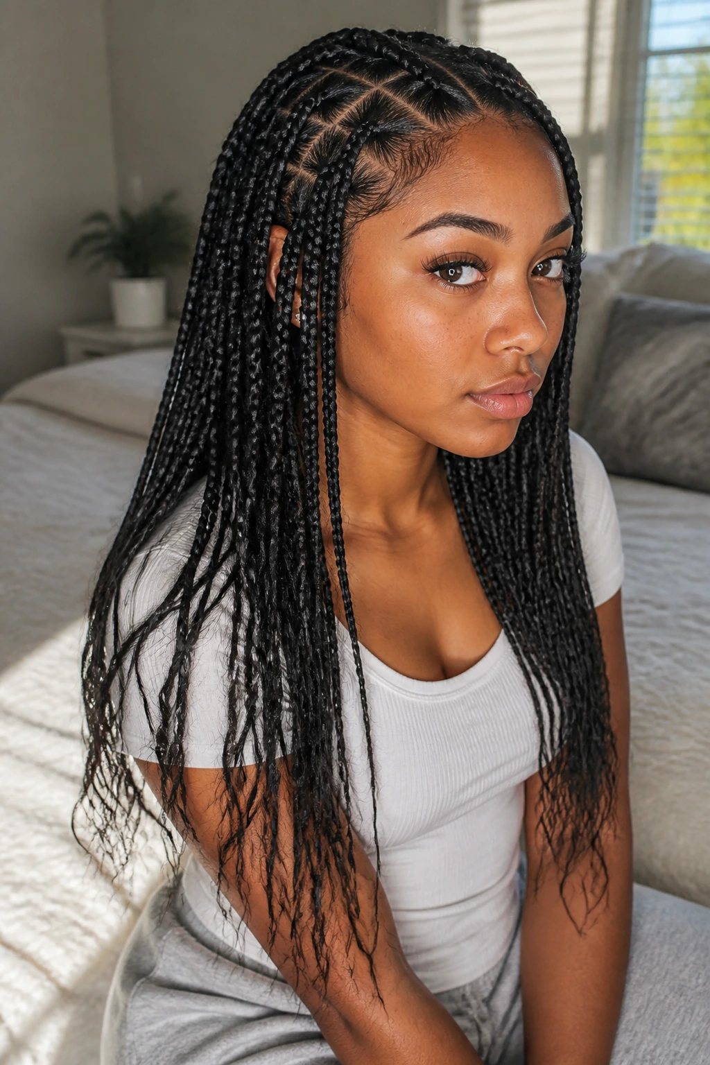 Close-up of a real woman with scalp-snug braids loosening toward the ends