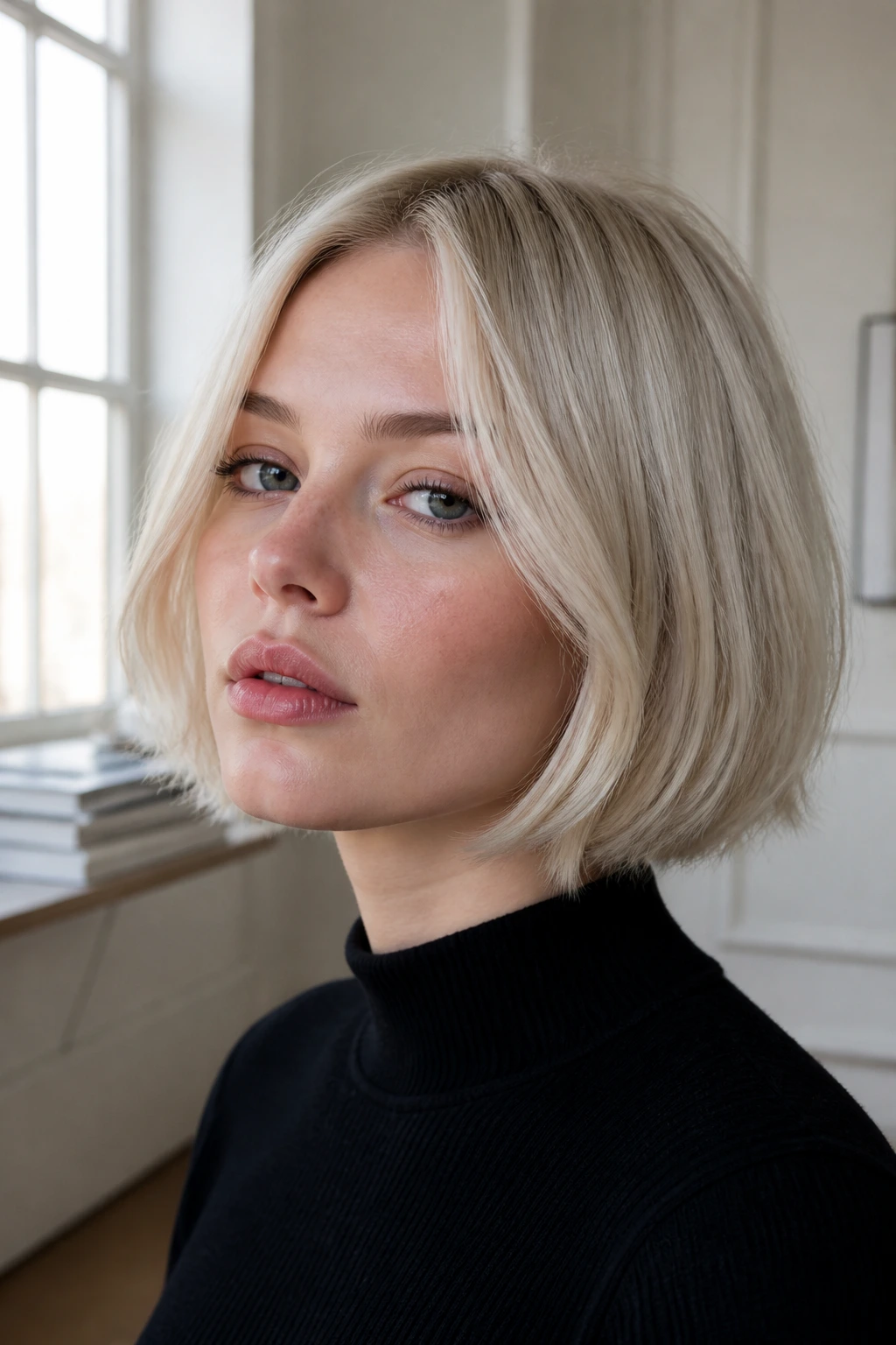 Portrait of a woman with a crisp pale ash Scandi blonde bob.