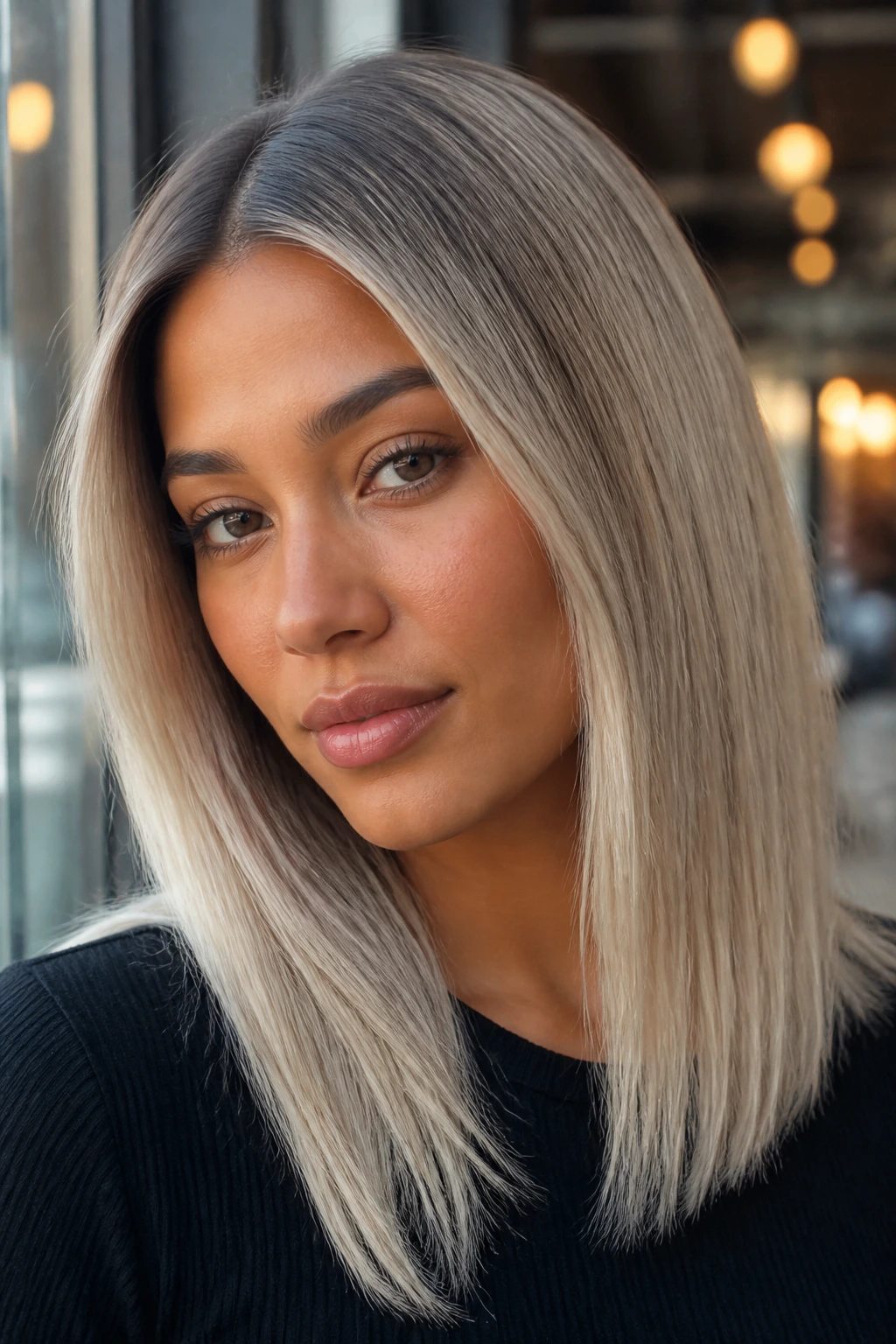 Portrait of a real person with Scandi blonde and blended root shadow