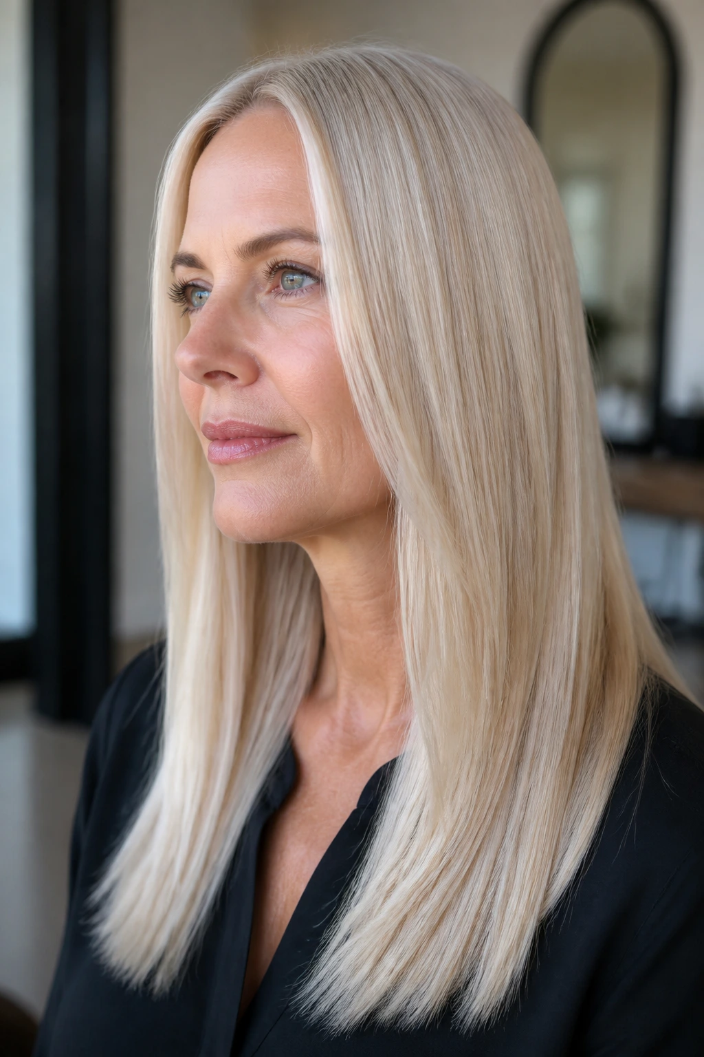 Close-up of a woman's scandi blonde with a sleek finish.