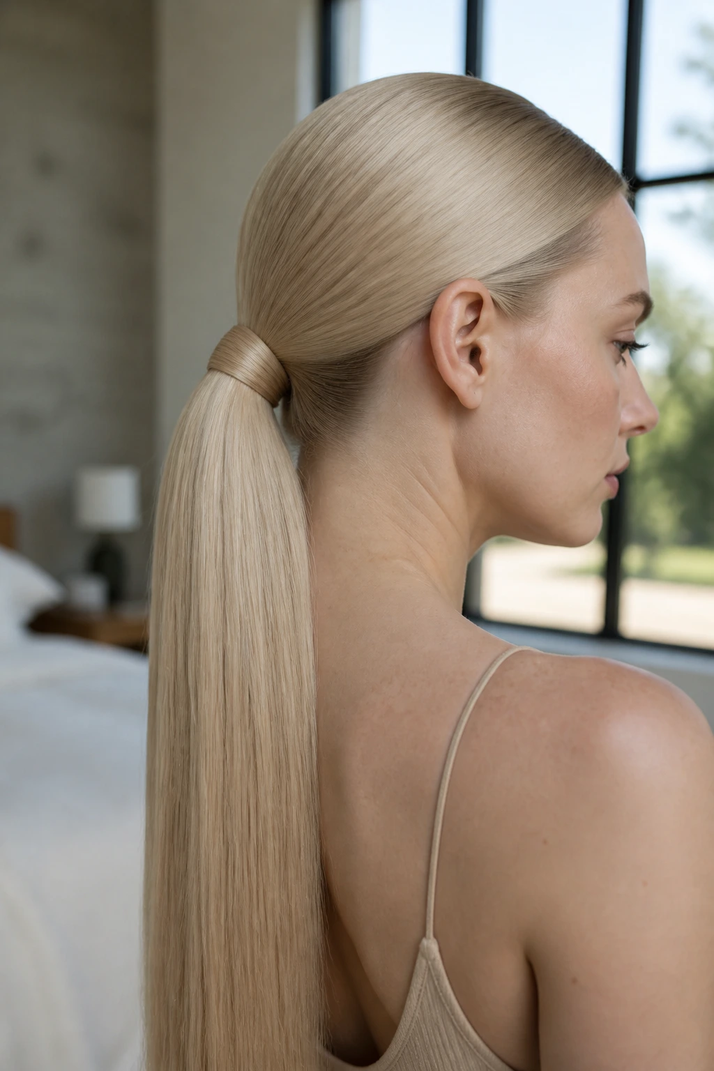 Close-up of Scandi blonde sleek ponytail on pale skin, glossy hair and smooth crown