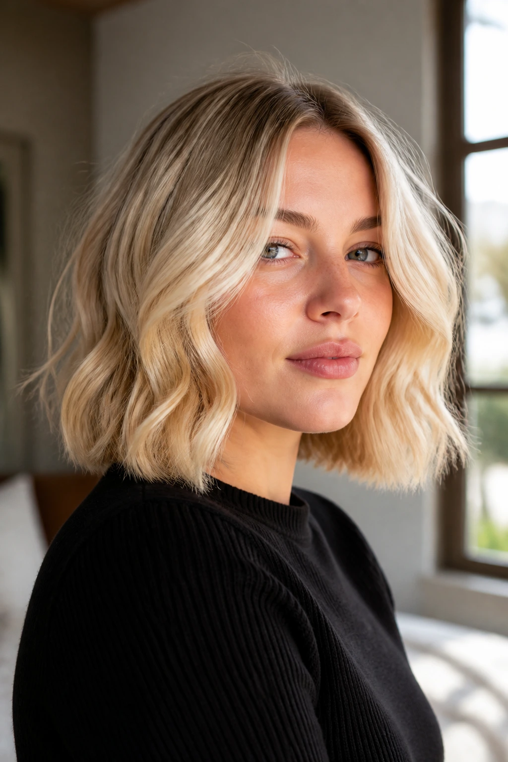 Close-up portrait of a real woman with a Scandi Blonde Wave Bob in soft window light