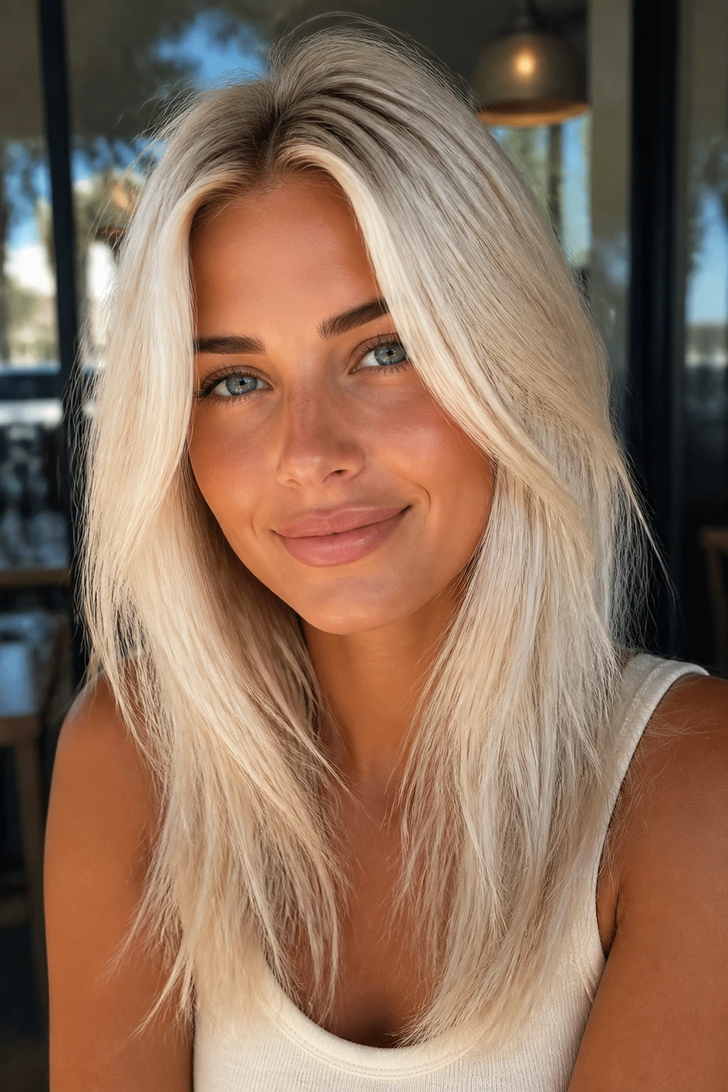 Close-up portrait of a person with Scandi bright blonde hair.