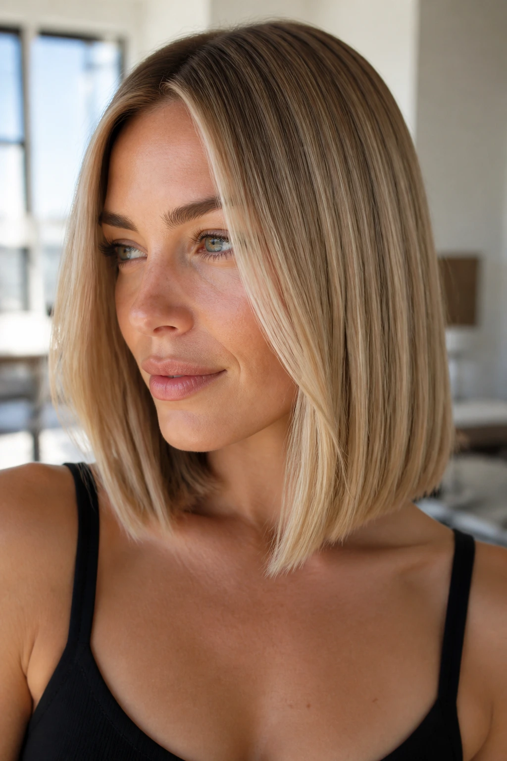 Portrait of a real woman with a Scandi bright-line lob and fine babylights along the hairline