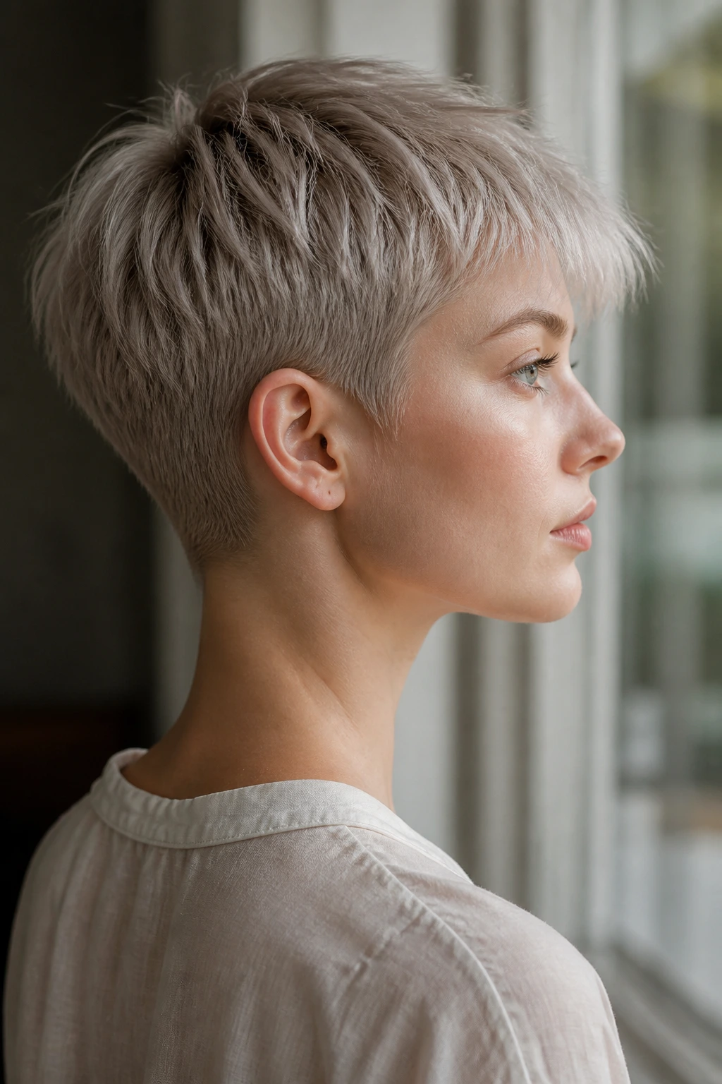 Portrait of a real person with a Scandi pixie and tapered nape in steel blonde