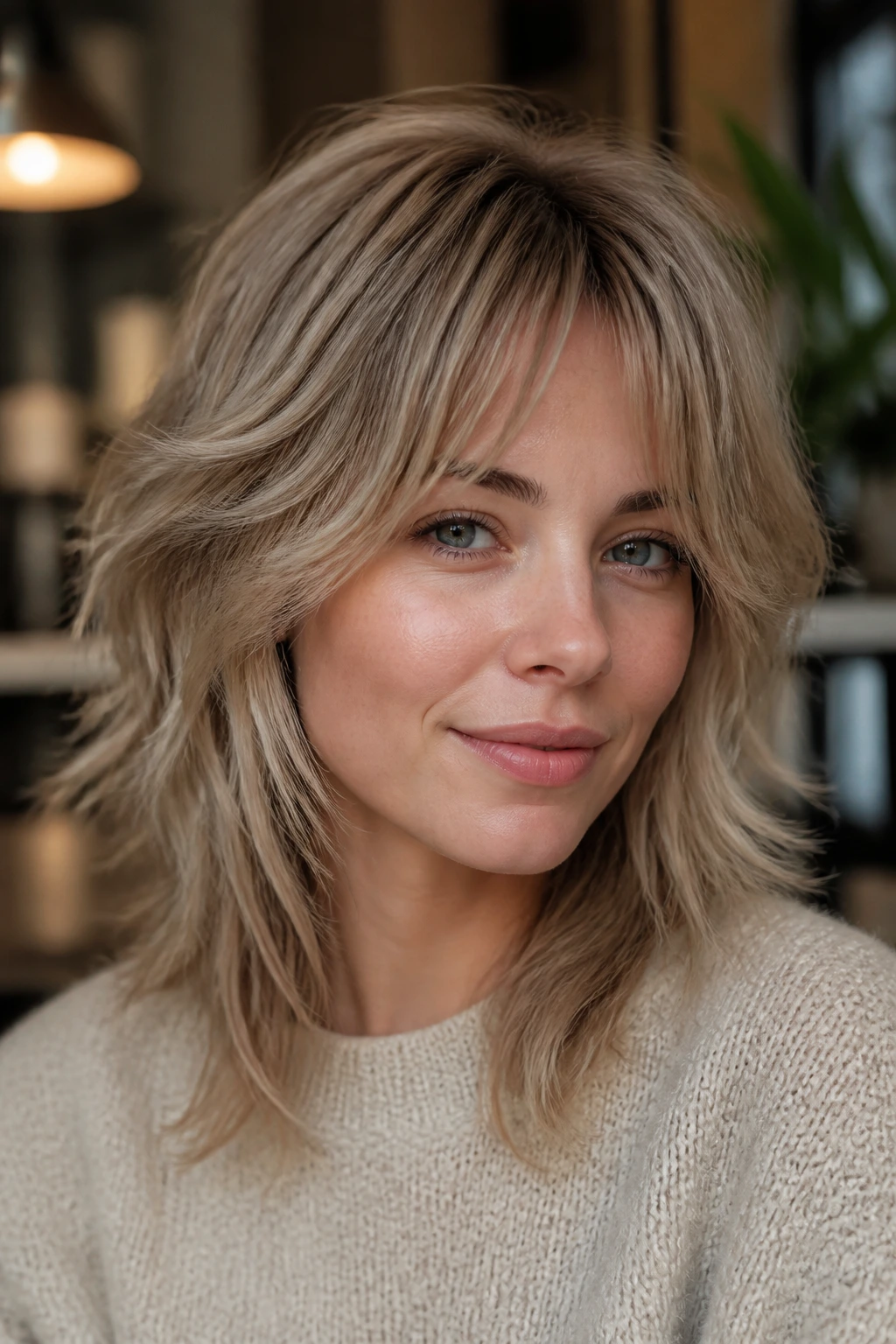 Close-up of a real woman with Scandi shag in mushroom blonde depth.