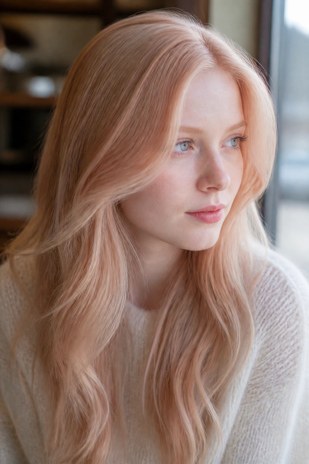 Close-up of a real woman with scandi strawberry blonde hair under soft window light