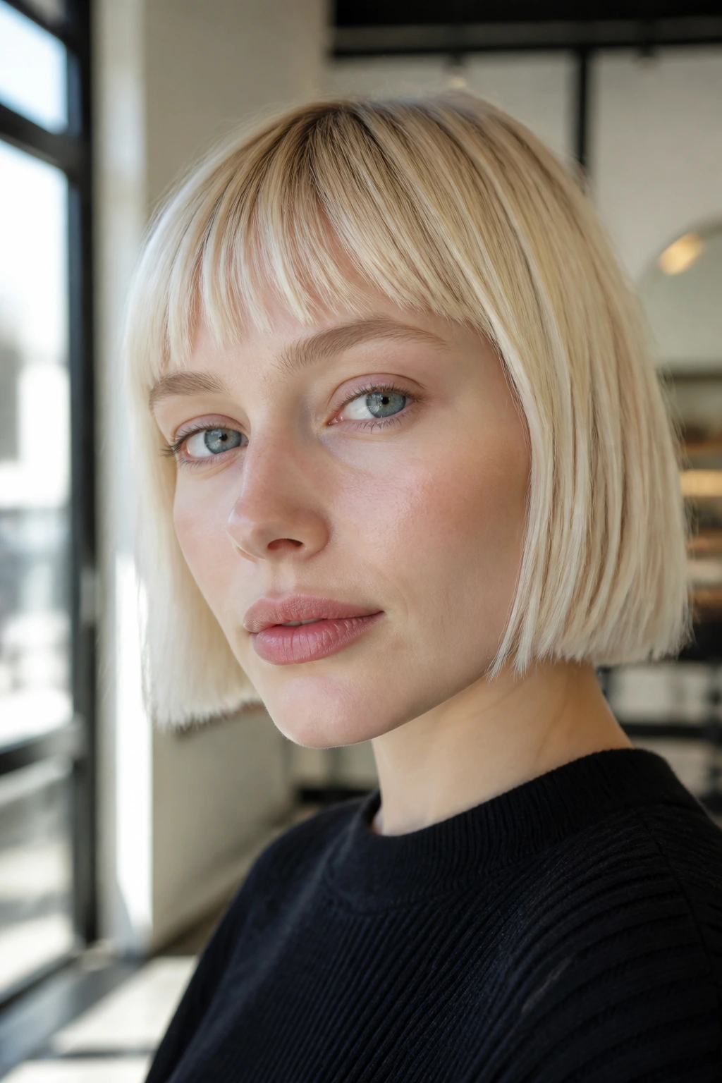 Close-up of a real woman with a jaw-length Scandinavian blonde bob and micro bangs in natural light