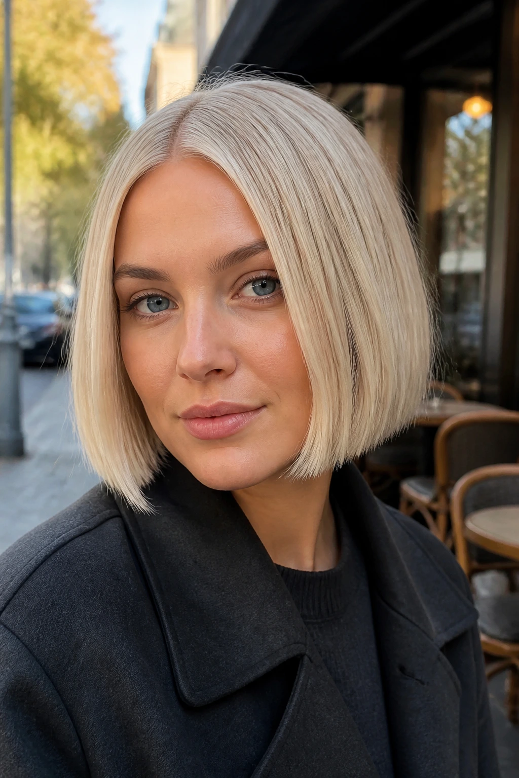 Close-up portrait of a real woman with a blunt Scandinavian blonde bob in pale tone