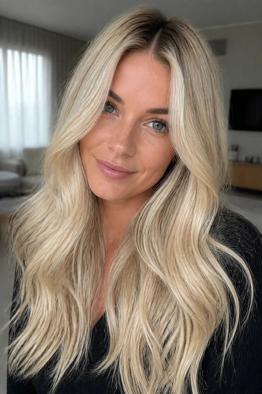 Close-up of a real woman with Scandinavian blonde and darker root with soft waves.