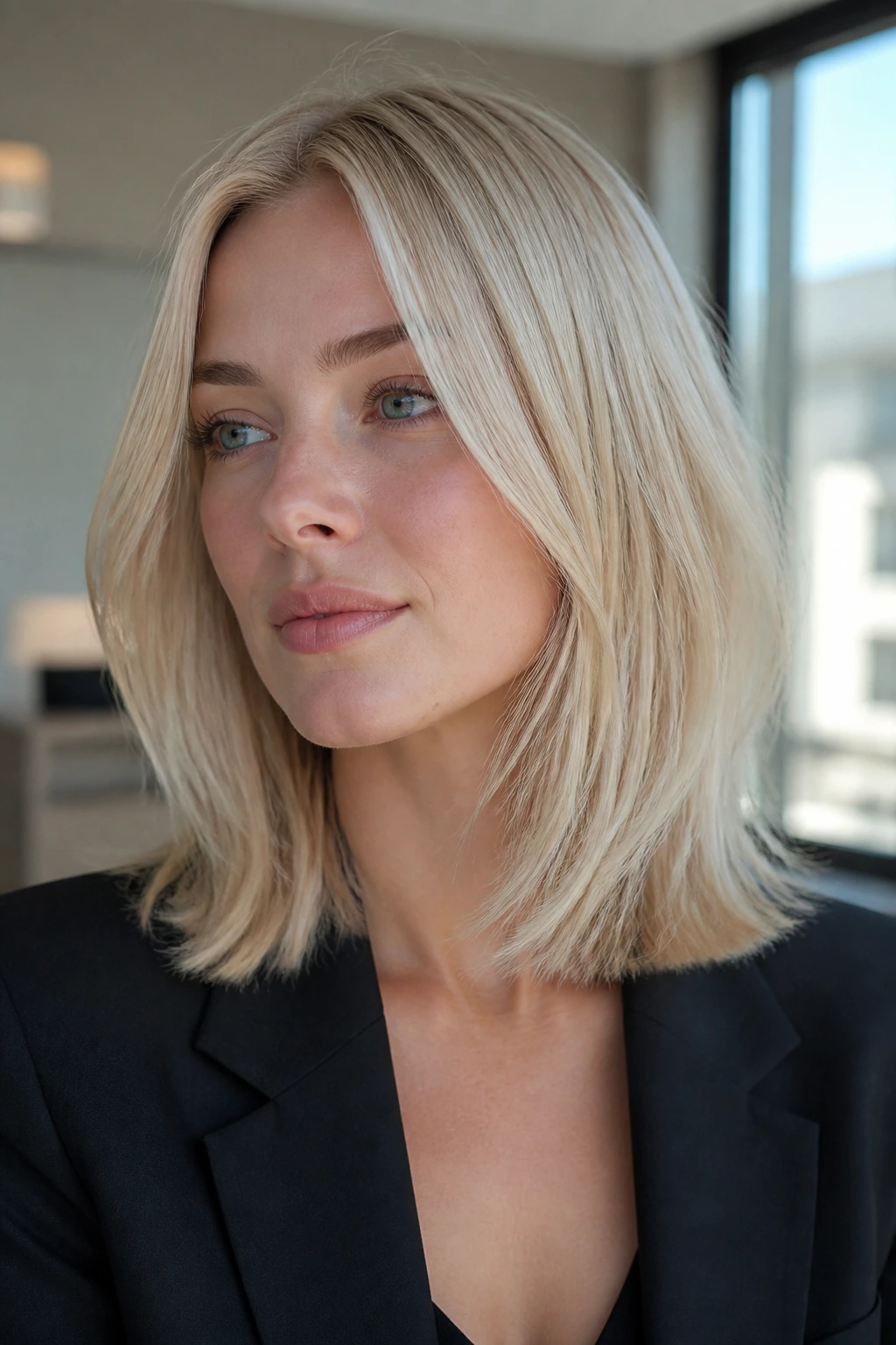 Portrait of a woman with Scandinavian blonde midi cut in a bright interior