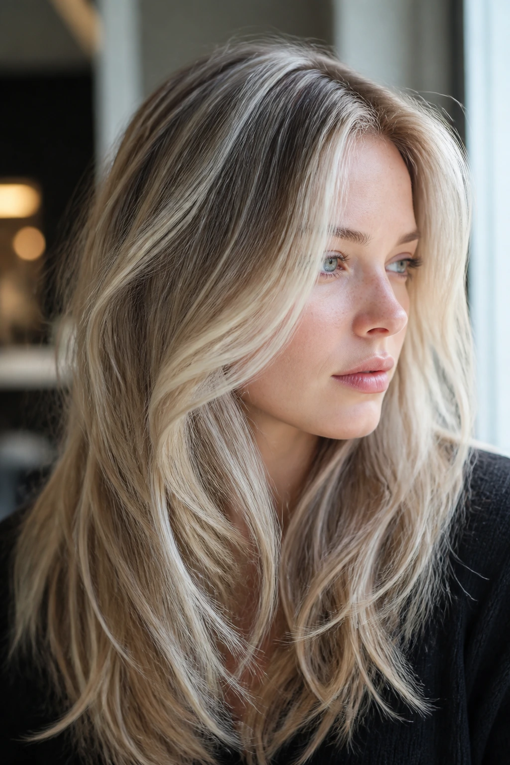 Portrait of a woman with Scandinavian blonde and smoke-toned depth