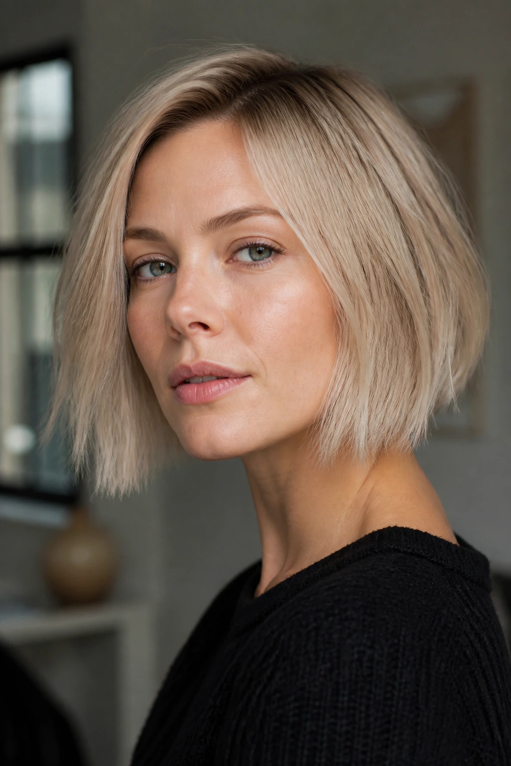 Close-up of a real woman with Scandinavian broken-line bob on cool beige blonde