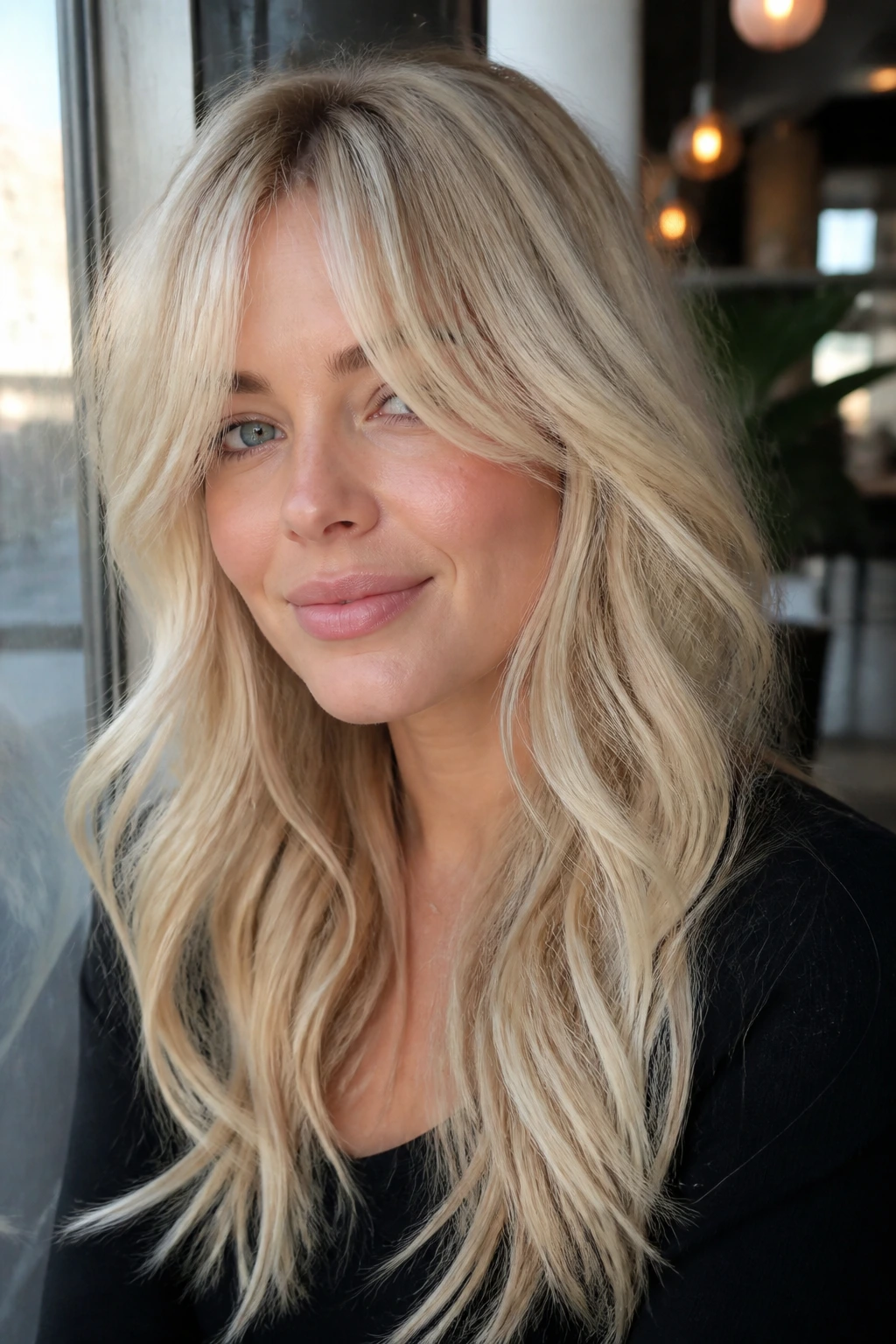 Portrait of a real woman with Scandinavian curtain bangs and soft waves