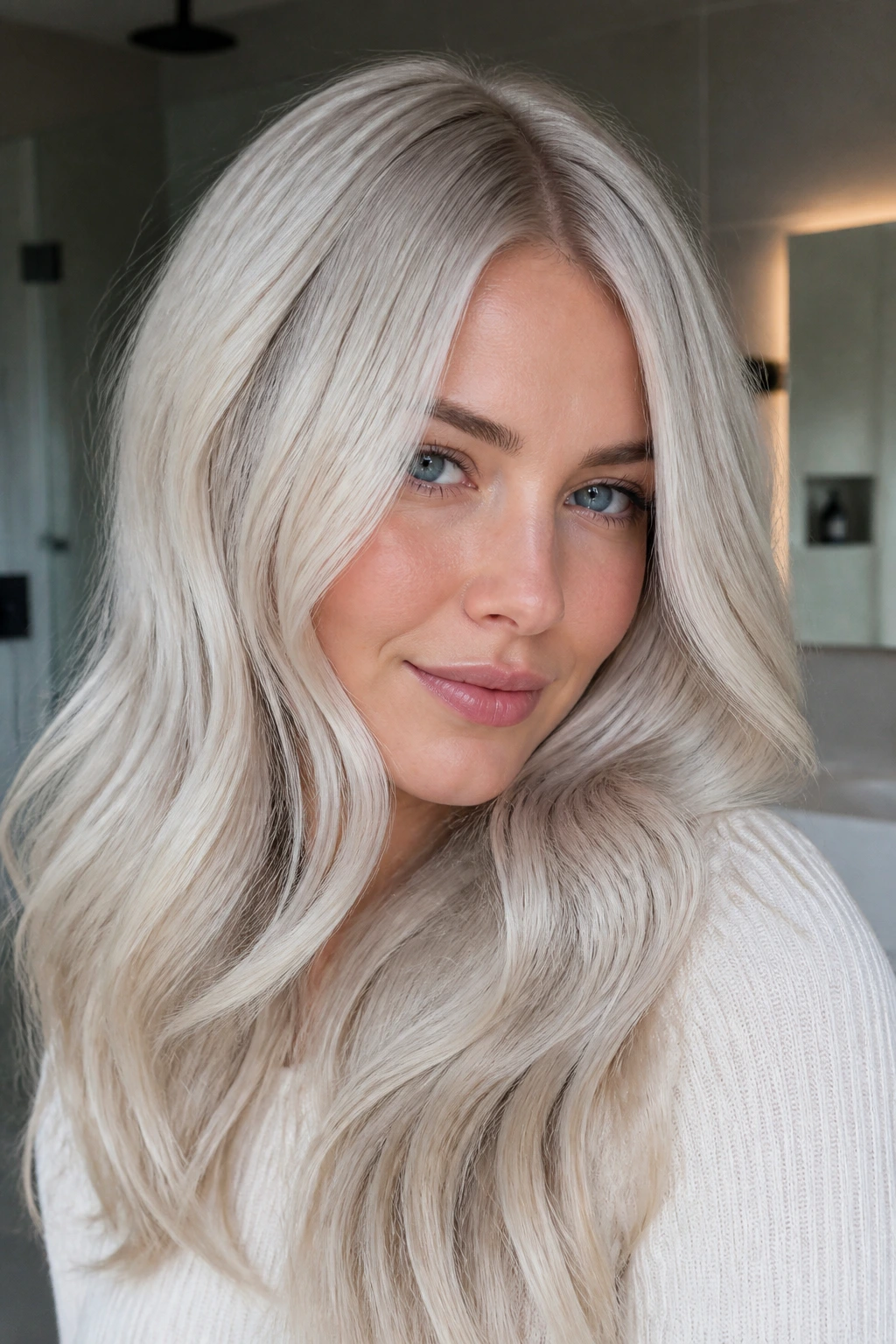 Close-up portrait of a real woman with Scandinavian frost blonde and subtle shadow root