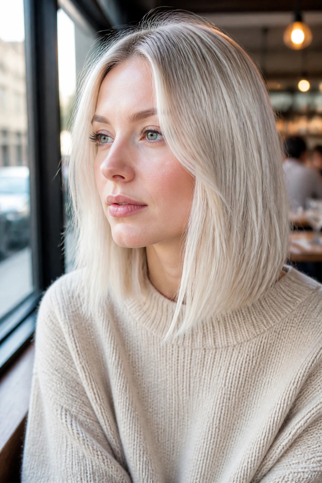 Close-up of a real woman with icy blonde hair and soft shadow root in natural daylight