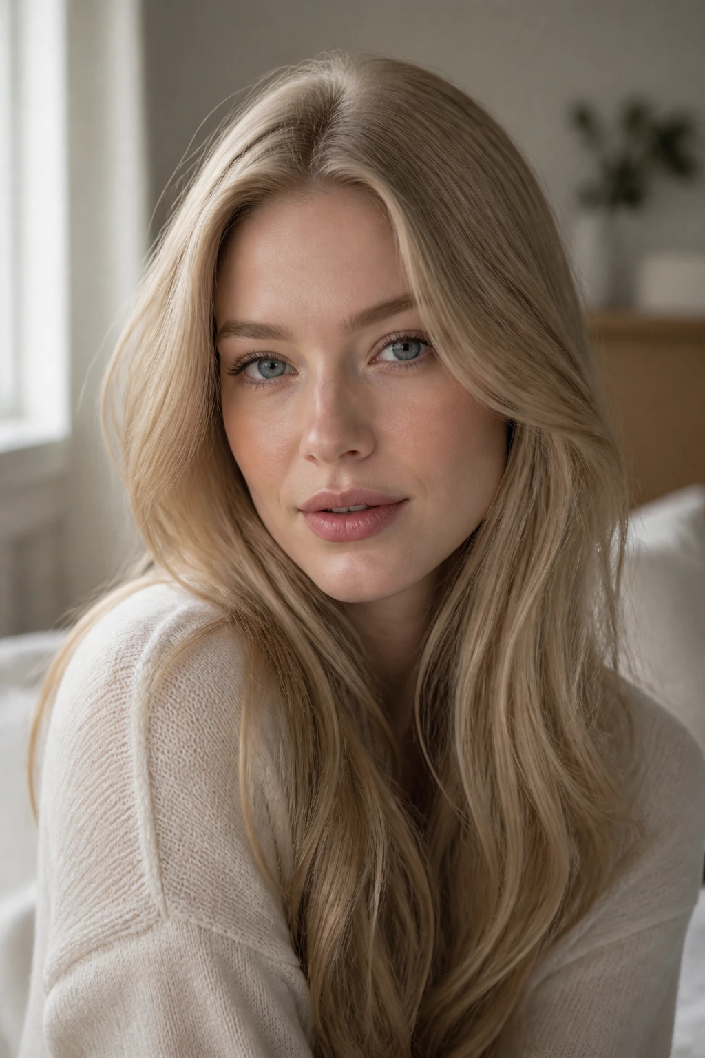 Close-up portrait of a pale-skinned woman with Scandinavian sandy blonde hair in natural window light