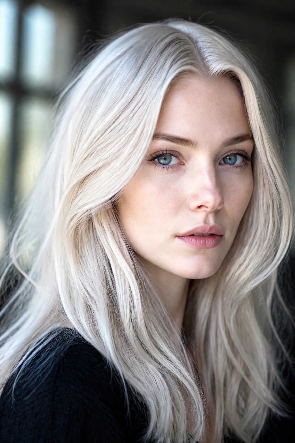 Close-up of a real woman with Scandinavian silver blonde hair