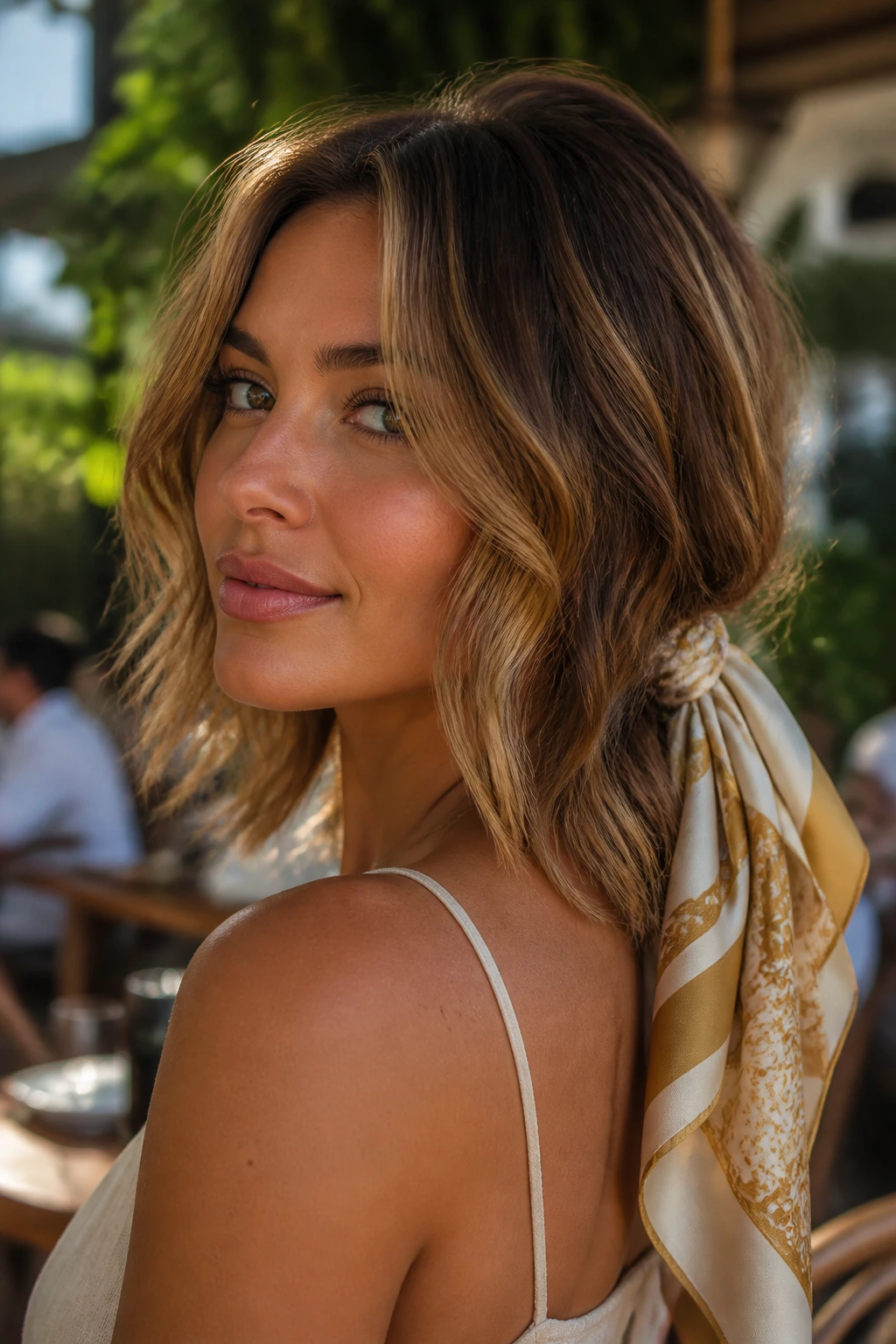 Close-up portrait of a real woman with scarf-framed waves and caramel highlights