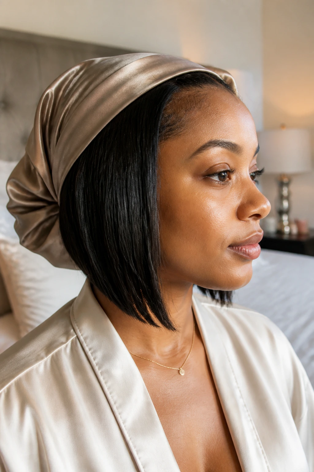 Real woman with angled bob wrapped in satin scarf to keep style fresh