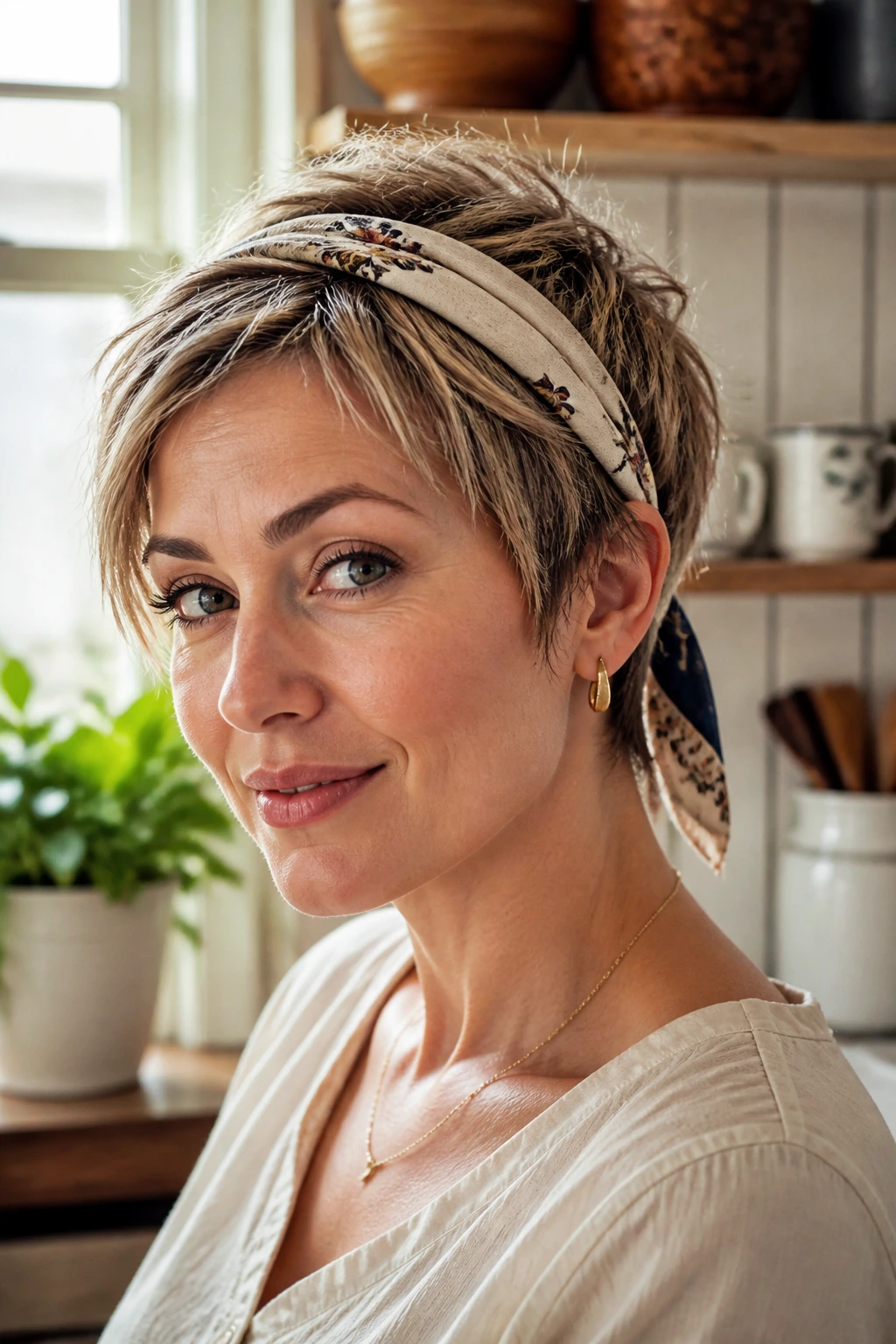 Close-up of a real woman wearing a pixie with a slim scarf at the back