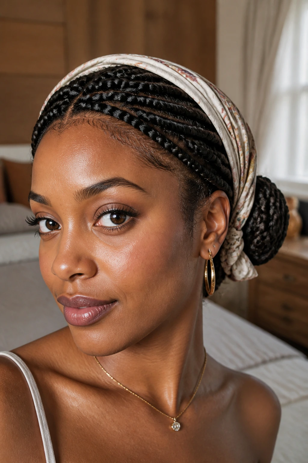 Real woman with scarf-framed braids and side knot, close-up portrait