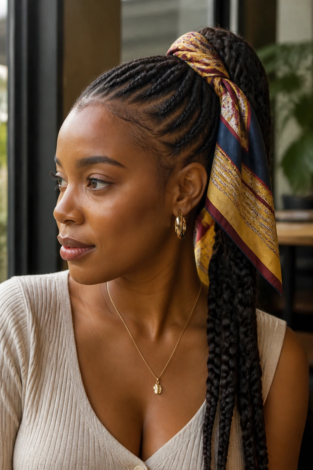 Real woman wearing a scarf wrapped braided ponytail