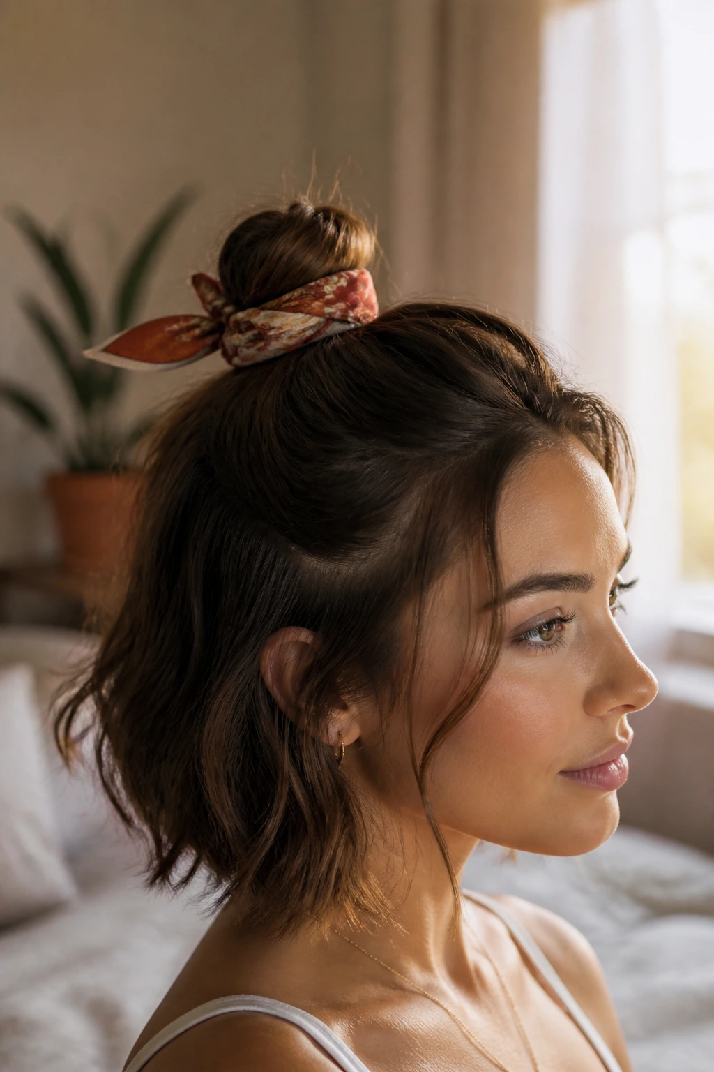 Close-up of a scarf-wrapped mini bun on a real person, crown bun with narrow scarf