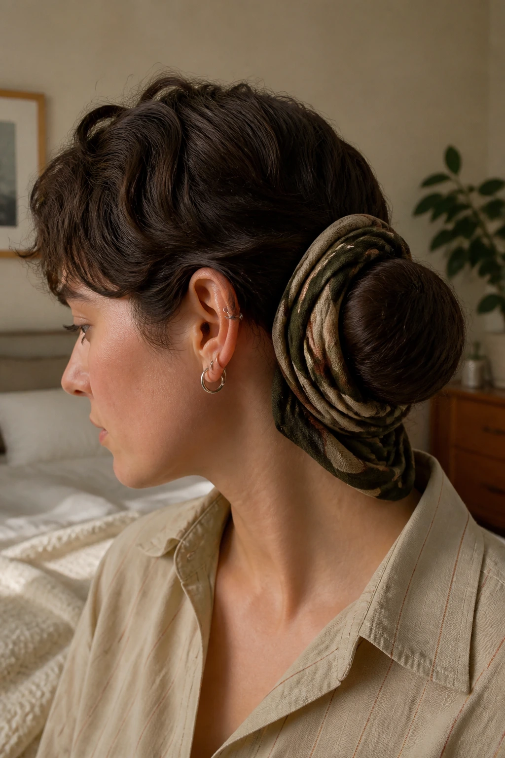 Close-up of a real person wearing a tucked-in scarf bun in a cozy morning bedroom.