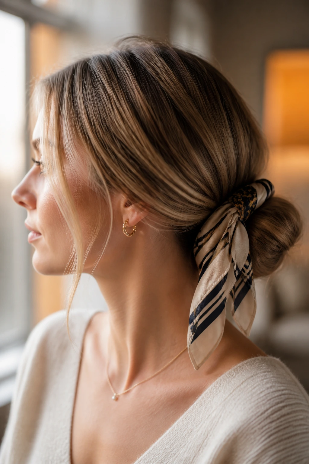 Real woman wearing a scarf-tied low chignon at the nape