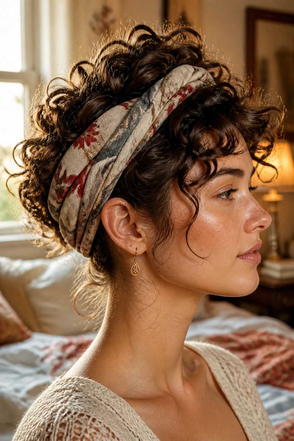 Close-up of a real woman's head with a silk scarf around the crown and curls spilling underneath.
