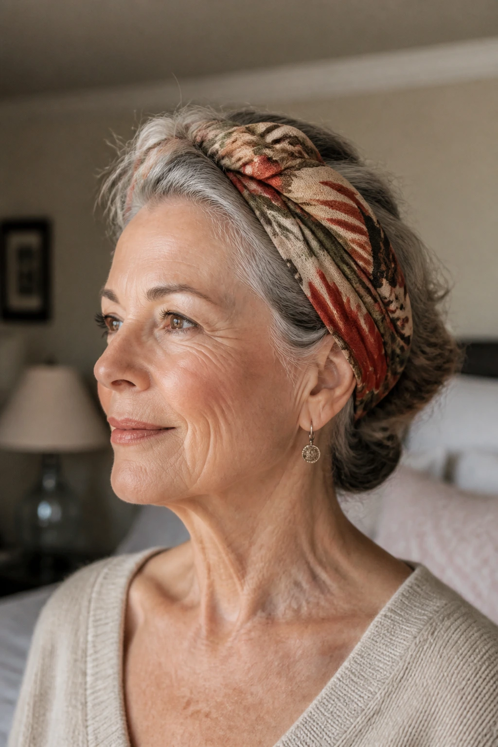 Close-up of a real woman wearing a scarf-wrapped roll-and-tuck hairstyle in a softly lit bedroom